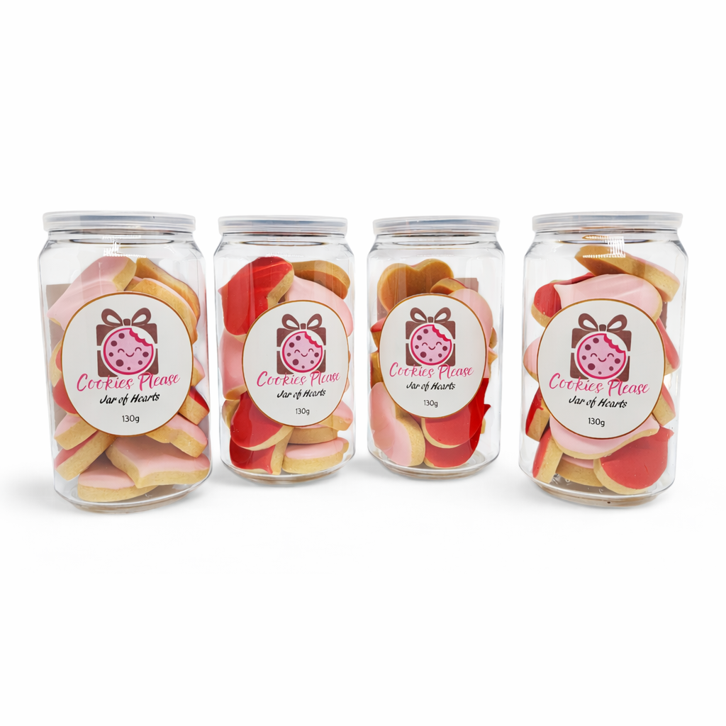 Four jars of Cookies Please heart shaped cookies