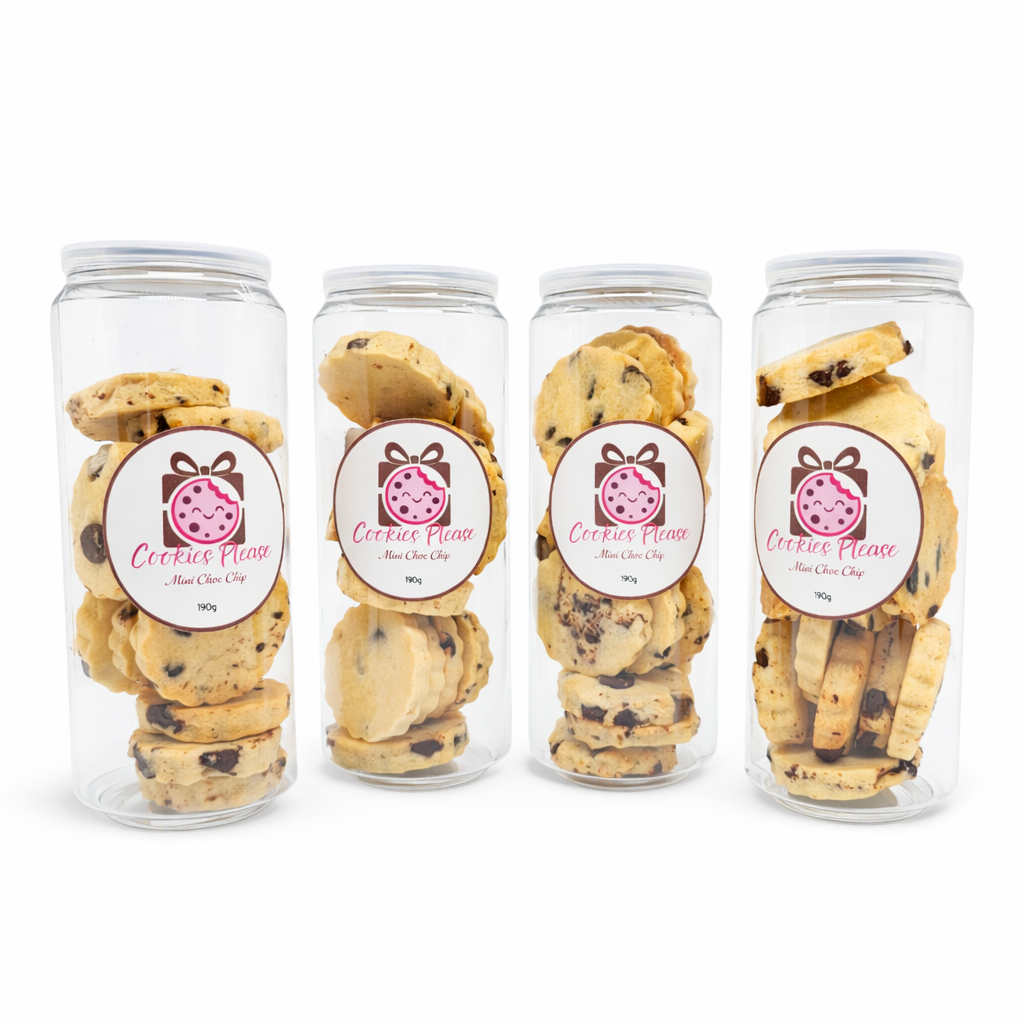 4 cans of Mini choc chip cookies from Cookies Please